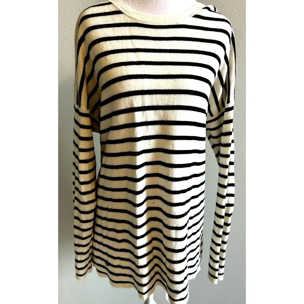 Eileen Fisher Sweater Striped Nautical Distressed Crew Neck Knit Coastal Soft L